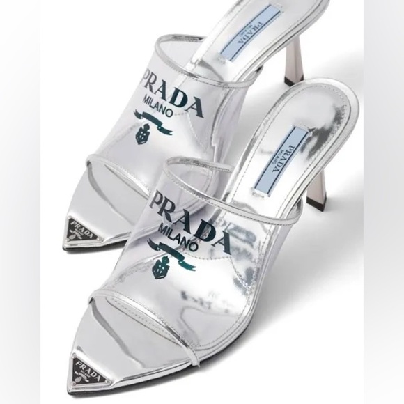 Prada Metallic silver leather logo print Pexiglas high heel slide sandals EU40.5 - Picture 1 of 15